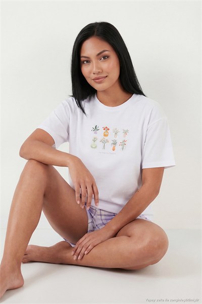 Pamuklu Regular Fit Desenli Şortlu Kadın Pijama Takımı 65790782 Beyaz-Lila