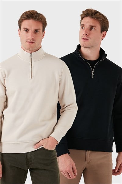 Pamuklu Regular Fit Dik Yaka Şardonlu 2li Paket Erkek Sweat 59052592S2 KUM-SİYAH