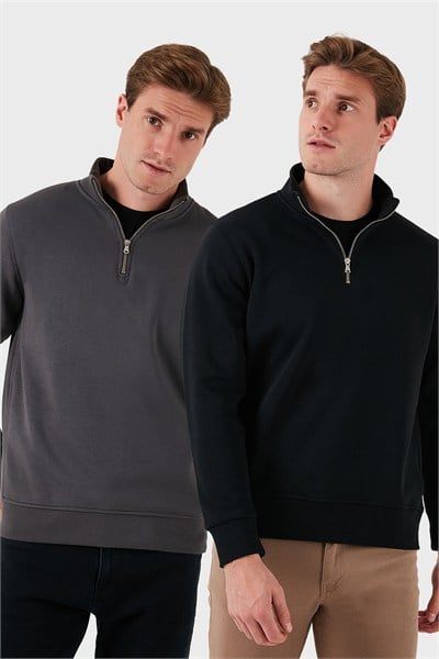 Pamuklu Regular Fit Dik Yaka Şardonlu 2li Paket Erkek Sweat 59052592S2 ANTRASİT-SİYAH