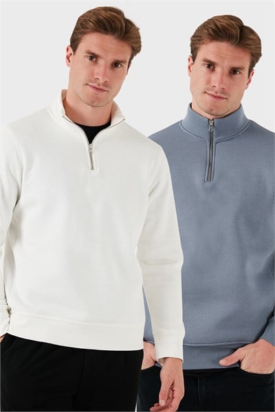 Pamuklu Regular Fit Dik Yaka Şardonlu 2li Paket Erkek Sweat 59052592S2 Ekru-Koyu Gri