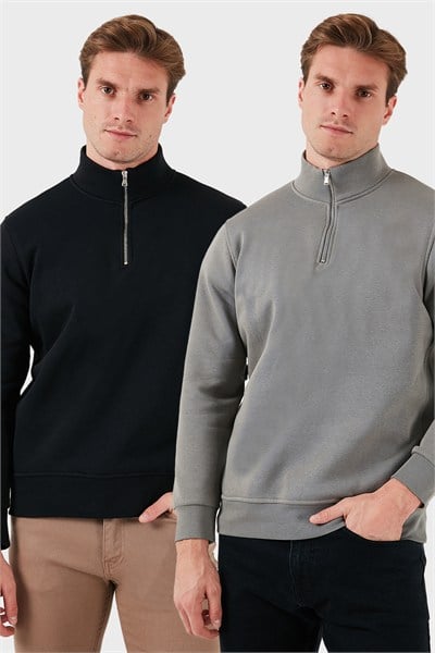 Pamuklu Regular Fit Dik Yaka Şardonlu 2li Paket Erkek Sweat 59052592S2 Siyah-Açık Haki