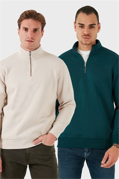 Pamuklu Regular Fit Dik Yaka Şardonlu 2li Paket Erkek Sweat 59052592S2 PETROL-KUM