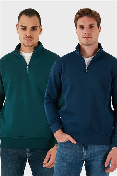 Pamuklu Regular Fit Dik Yaka Şardonlu 2li Paket Erkek Sweat 59052592S2 İNDİGO-PETROL