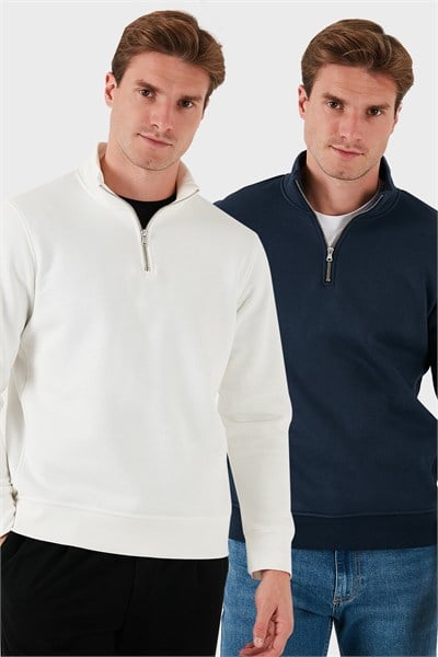 Pamuklu Regular Fit Dik Yaka Şardonlu 2li Paket Erkek Sweat 59052592S2 Ekru-Koyu Lacivert