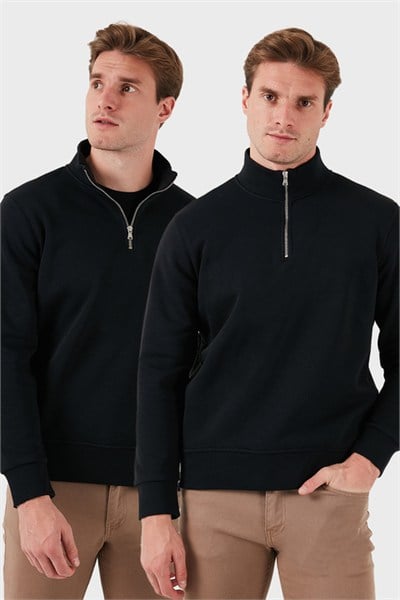 Pamuklu Regular Fit Dik Yaka Şardonlu 2li Paket Erkek Sweat 59052592S2 SİYAH-SİYAH