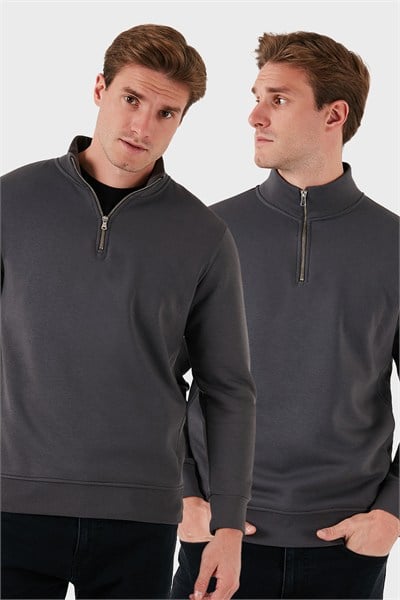 Pamuklu Regular Fit Dik Yaka Şardonlu 2li Paket Erkek Sweat 59052592S2 Antrasit-Antrasit