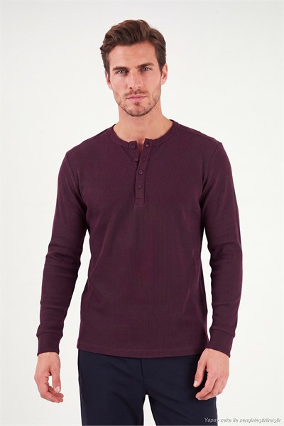 Pamuklu Regular Fit Düğmeli Bisiklet Yaka Erkek Sweat 5905852 VİŞNE
