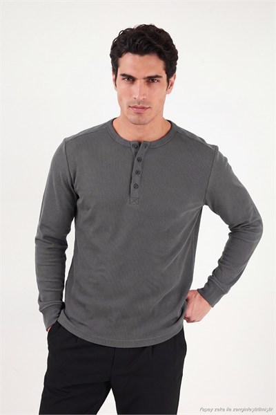 Pamuklu Regular Fit Düğmeli Bisiklet Yaka Erkek Sweat 5905852 ANTRASİT