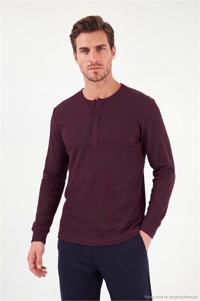 Pamuklu Regular Fit Düğmeli Bisiklet Yaka Erkek Sweat 5905852 VİŞNE