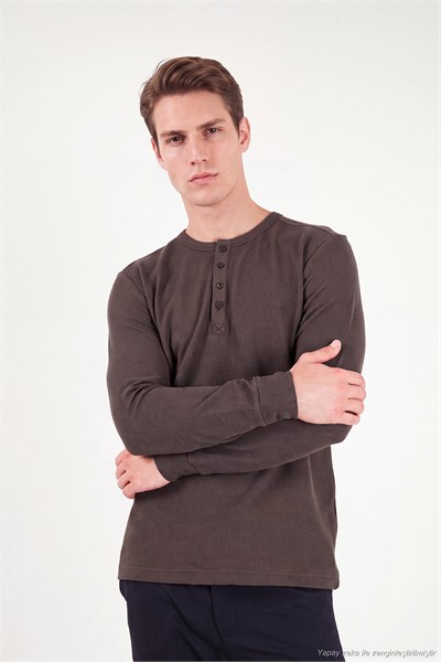 Pamuklu Regular Fit Düğmeli Bisiklet Yaka Erkek Sweat 5905852 KAHVE