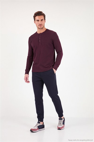 Pamuklu Regular Fit Düğmeli Bisiklet Yaka Erkek Sweat 5905852 VİŞNE