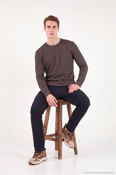 Pamuklu Regular Fit Düğmeli Bisiklet Yaka Erkek Sweat 5905852 KAHVE