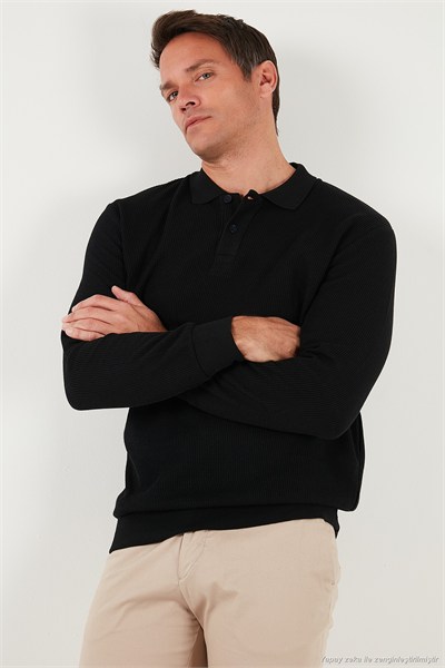 Pamuklu Regular Fit Düğmeli Polo Yaka Erkek Sweat 5905739 SİYAH