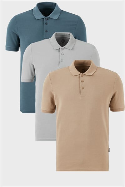 Pamuklu Regular Fit Düğmeli Polo Yaka 3lü Paket Erkek T Shirt 5902127S3 Kül-Petrol-Vizon