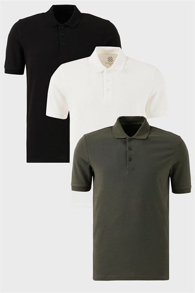 Pamuklu Regular Fit Düğmeli Polo Yaka 3lü Paket Erkek T Shirt 5902127S3 SİYAH-BEYAZ-HAKİ