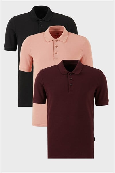 Pamuklu Regular Fit Düğmeli Polo Yaka 3lü Paket Erkek T Shirt 5902127S3 Siyah-Vişne-Pudra