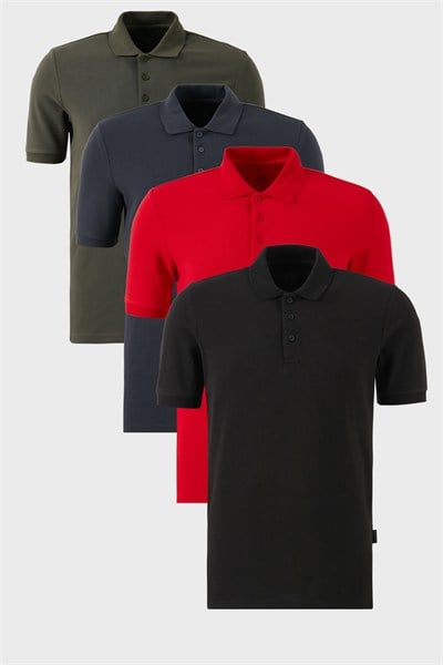 Pamuklu Regular Fit Düğmeli Polo Yaka 4lü Paket Erkek T Shirt 5902127S4 Siyah-Kırmızı-Antrasit-Haki