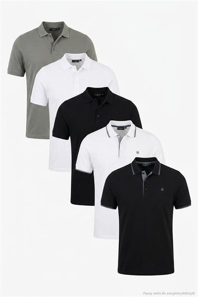 Pamuklu Regular Fit Düğmeli Polo Yaka 5li Paket Erkek T Shirt 590211827S5 Siyah-Beyaz-Siyah-Beyaz-Haki