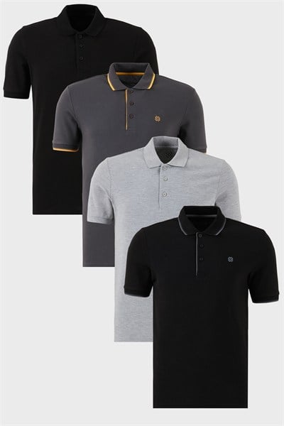 Pamuklu Regular Fit Düğmeli Polo Yaka 4lü Paket T Shirt Erkek Polo Yaka T Shirt 590211827S4 Siyah-Siyah-Antrasit-Gri Melanj