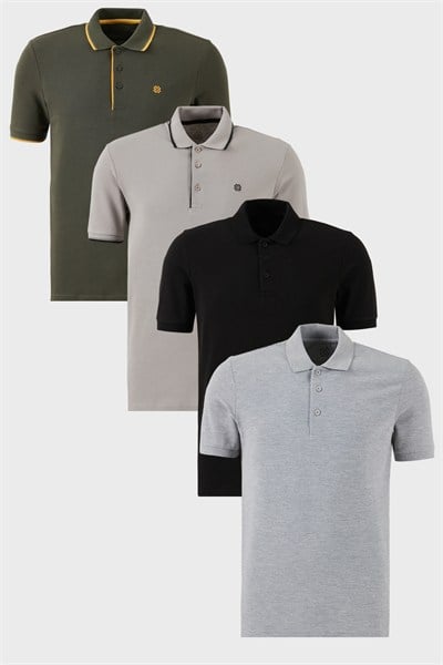 Pamuklu Regular Fit Düğmeli Polo Yaka 4lü Paket T Shirt Erkek Polo Yaka T Shirt 590211827S4 Siyah-Hakisarı-Taş-Gri Melanj