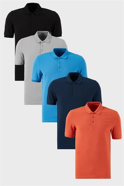 Pamuklu Regular Fit Düğmeli Polo Yaka 5li Paket Erkek T Shirt 5902127S5 Koyu Mavi-Kül-İndigo-Siyah-Tarçın