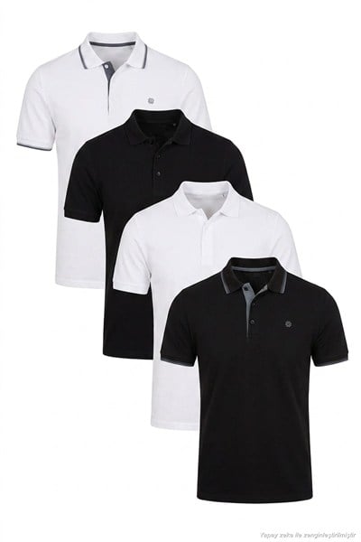 Pamuklu Regular Fit Düğmeli Polo Yaka 4lü Paket T Shirt Erkek Polo Yaka T Shirt 590211827S4 Siyah-Beyaz-Beyaz-Siyah