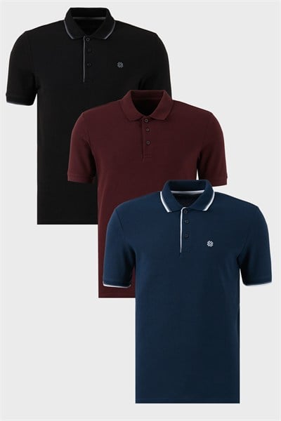 Pamuklu Regular Fit Düğmeli Polo Yaka 3lü Paket Erkek T Shirt 590211827S3 İndigo-Siyah-Vişne