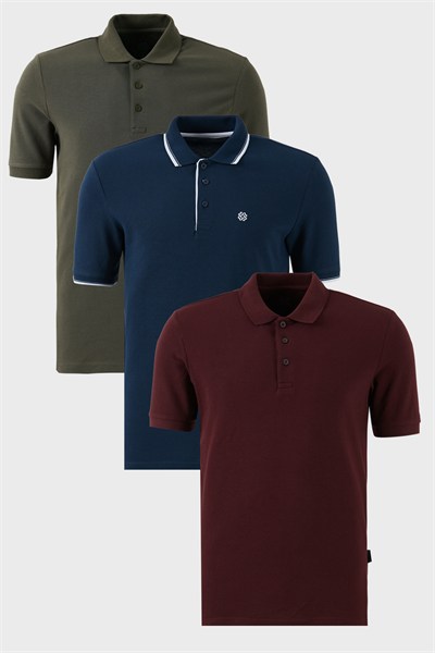Pamuklu Regular Fit Düğmeli Polo Yaka 3lü Paket Erkek T Shirt 590211827S3 Vişne-Haki-İndigo