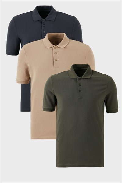 Pamuklu Regular Fit Düğmeli Polo Yaka 3lü Paket Erkek T Shirt 5902127S3 Antrasit-Haki-Vizon