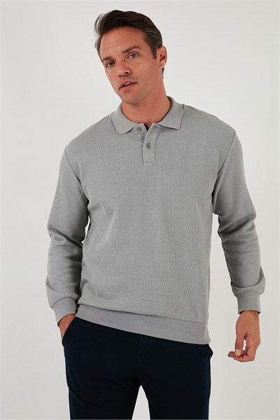 Pamuklu Regular Fit Düğmeli Polo Yaka Erkek Sweat 5905739 GRİ
