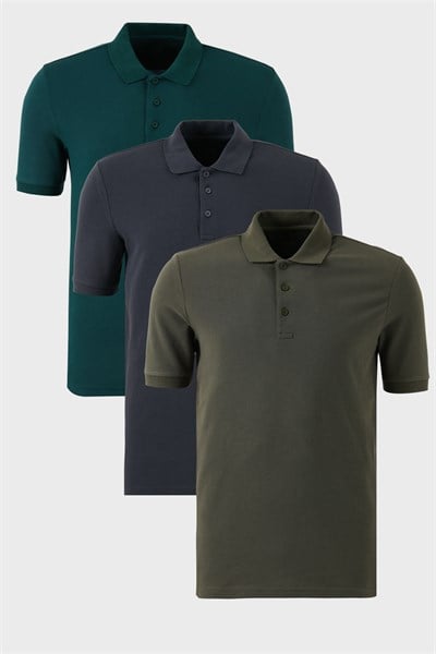 Pamuklu Regular Fit Düğmeli Polo Yaka 3lü Paket Erkek T Shirt 5902127S3 Antrasit-Haki-Yeşil