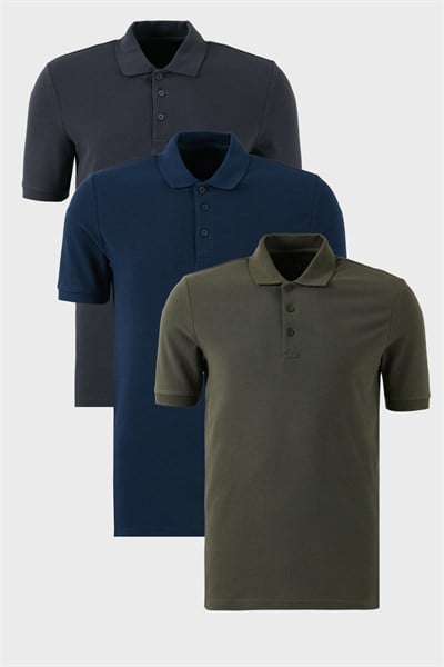 Pamuklu Regular Fit Düğmeli Polo Yaka 3lü Paket Erkek T Shirt 5902127S3 Antrasit-Haki-İndigo