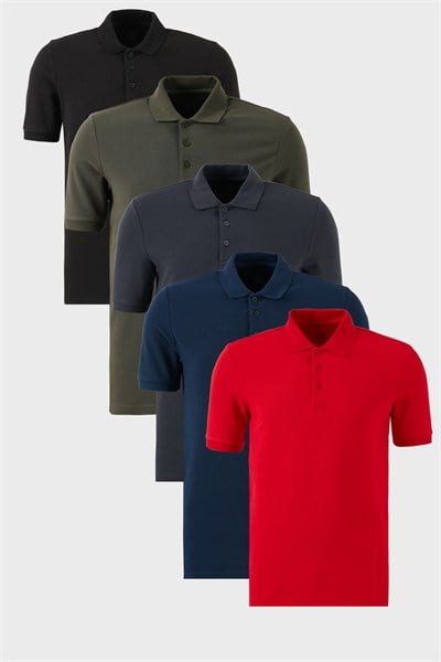 Pamuklu Regular Fit Düğmeli Polo Yaka 5li Paket Erkek T Shirt 5902127S5 Siyah-Kırmızı-Antrasit-Haki-İndigo