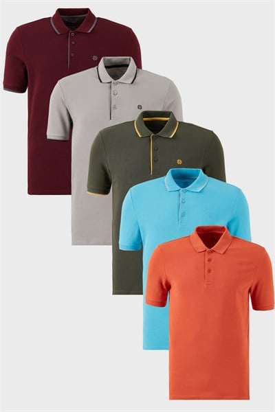 Pamuklu Regular Fit Düğmeli Polo Yaka 5li Paket Erkek T Shirt 590211827S5 Aquamavi-Hakisarı-Tarçın-Vişne-Taş