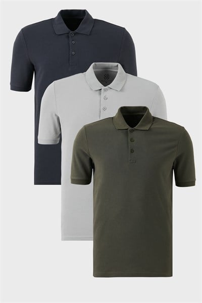 Pamuklu Regular Fit Düğmeli Polo Yaka 3lü Paket Erkek T Shirt 5902127S3 Antrasit-Haki-Kül