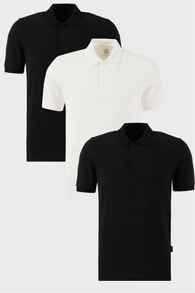 Pamuklu Regular Fit Düğmeli Polo Yaka 3lü Paket Erkek T Shirt 5902127S3 Siyah-Beyaz-Siyah