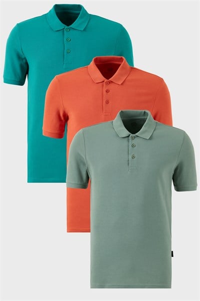 Pamuklu Regular Fit Düğmeli Polo Yaka 3lü Paket Erkek T Shirt 5902127S3 Tarçın-Benetton-Elma Yeşili