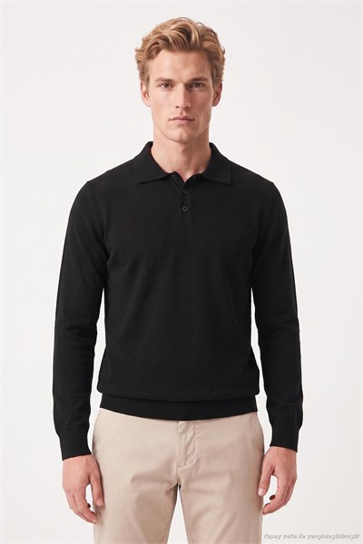 Pamuklu Regular Fit Düğmeli Uzun Kollu Erkek Polo 7024733 SİYAH
