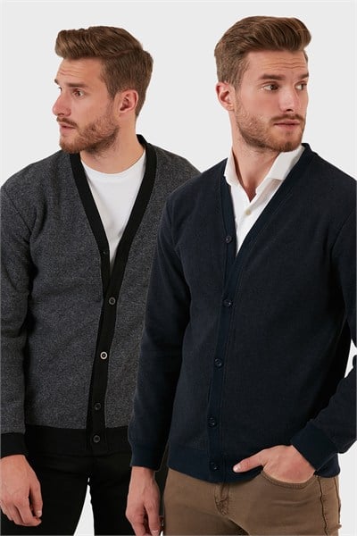 Pamuklu Regular Fit Düğmeli V Yaka 2li Paket Erkek Hırka 456205S2 GRİ-LACİVERT