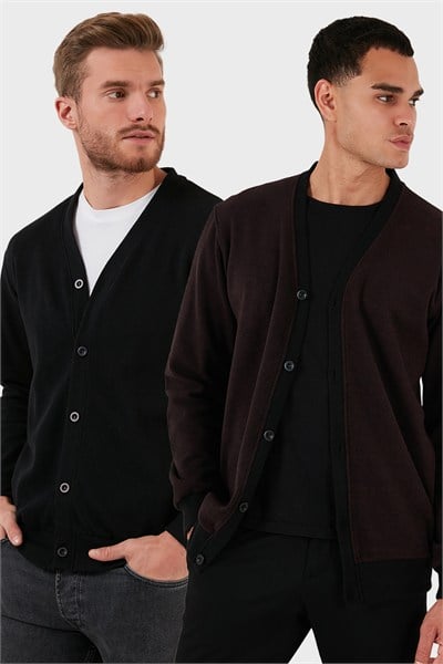 Pamuklu Regular Fit Düğmeli V Yaka 2li Paket Erkek Hırka 456205S2 BORDO-SİYAH