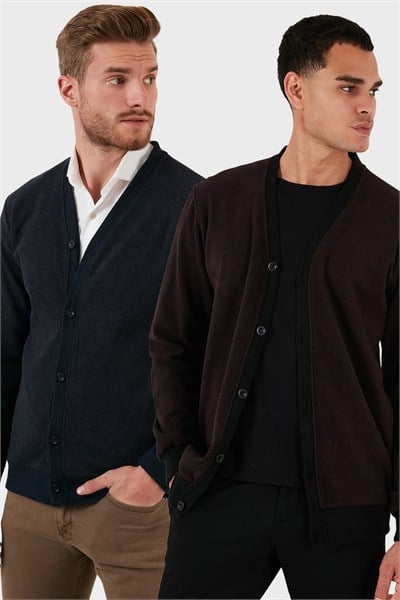 Pamuklu Regular Fit Düğmeli V Yaka 2li Paket Erkek Hırka 456205S2 BORDO-LACİVERT