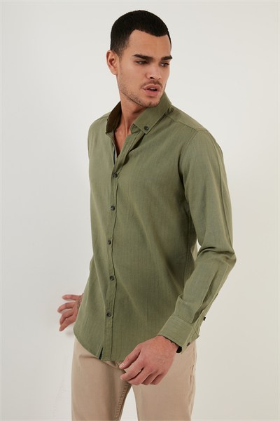 Pamuklu Regular Fit Düğmeli Yaka Erkek Gömlek CF20S111871 HAKİ