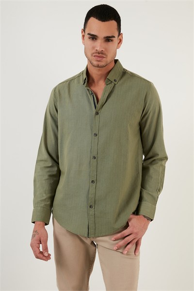 Pamuklu Regular Fit Düğmeli Yaka Erkek Gömlek CF20S111871 HAKİ