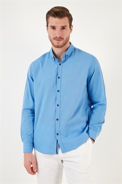 Pamuklu Regular Fit Düğmeli Yaka Erkek Gömlek CF20S111871 KOYU MAVİ