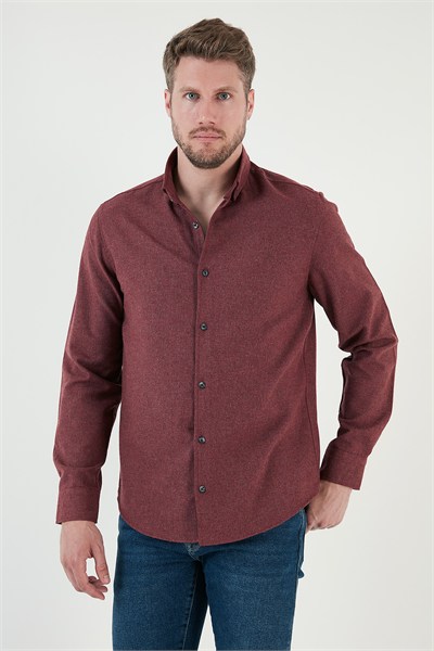 Pamuklu Regular Fit Düğmeli Yaka Kışlık Erkek Gömlek CF24W127079 BORDO