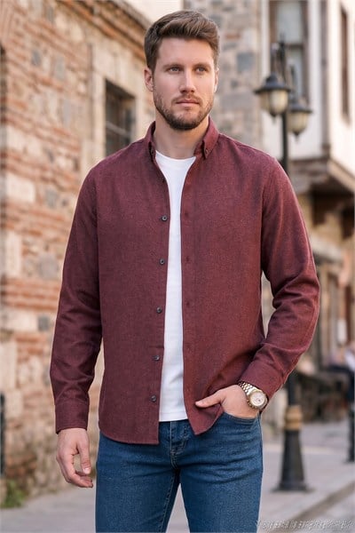 Pamuklu Regular Fit Düğmeli Yaka Kışlık Erkek Gömlek CF24W127079 BORDO