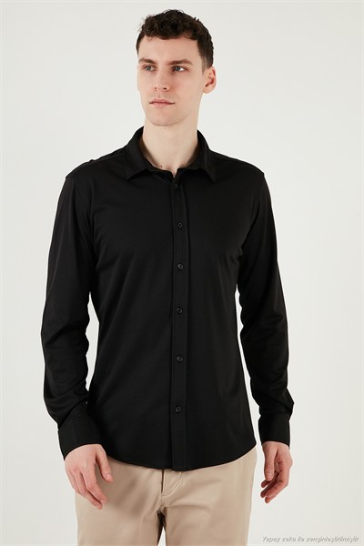 Pamuklu Regular Fit Düz Yaka Erkek Gömlek CF25S119628 SİYAH