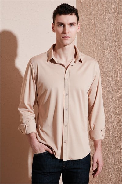 Pamuklu Regular Fit Düz Yaka Erkek Gömlek CF25S119628 BEJ