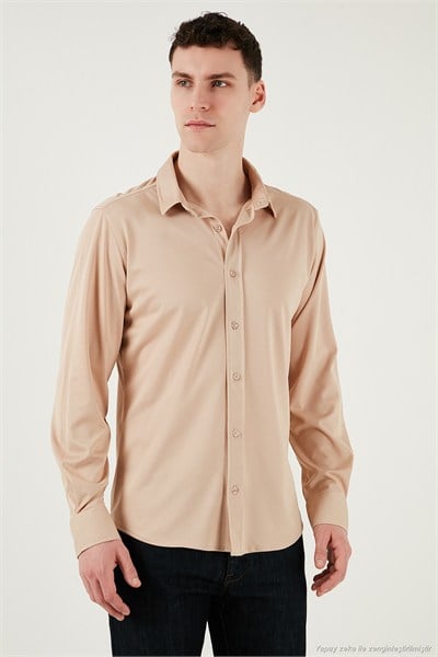 Pamuklu Regular Fit Düz Yaka Erkek Gömlek CF25S119628 BEJ
