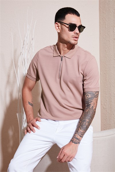 Pamuklu Regular Fit Fermuarlı Erkek Polo Yaka T Shirt 5902915 PUDRA